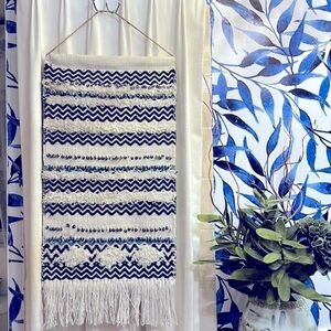 Large Textile Indian Woven 100% Cotton Black Blue & Tan Wall Hanging 18 x 30